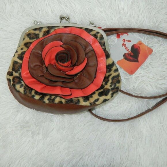Lavive Purse Brown Red Animal Print with 3D Flower‎ - Picture 2 of 8
